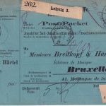 DR - 50+20+10 Pfg. Krone/Adler Paketkarte n. Belgien Leipzig 3 - Brüssel 1891