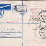 South Africa - Johannesburg 1986 Frama label reg. airmail/FDC to Harare