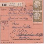 BRD - 70 Pfg. Heuss I senkr. Paar Paketkarte Weilbach - Walkirchen/DDR 1955