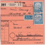 BRD - 30 Pfg. Heuss I senkr. Paar Paketkarte Schneeberg - Frankfurt a/M. 1955