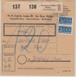 BRD - Kempten 2 Hbhf 1953 Unfreie Paketkarte n. Jungholz (!), 120 Pfg. Nachporto