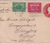 USA - 2 C. Ganzsache+Zusatz/Brief n. FINNLAND Santa Barbara 1916 Zensur