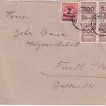 DR-Infla - 500 Tsd. Korbdeckel 4er-Block u.a. Ortsbrief Fürth 21.10.23