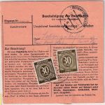 All.Bes. - 3x30 Pfg. Ziffer Paketkarte Höchst - Frankfurt a/M Praunheim 27.11.46
