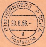 BRD - (13a) Nürnberg PSCHA Postsache 20.8.58 Tagesstpl. Postsache n. Würzburg