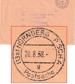 BRD - (13a) Nürnberg PSCHA Postsache 20.8.58 Tagesstpl. Postsache n. Würzburg
