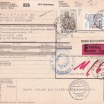 Schweiz - 10 Fr. Hl. Lukas u.a. Eil-Paketkarte Gächlingen - Bensheim 1988