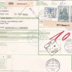 Schweiz - 2x5 Fr. Hl. Markus u.a. Paketkarte Dornach - Lautertal 1986