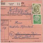 BRD - 90+10 Pfg. Posthorn/Heuss Paketkarte Erlenbach - Meiningen 1954