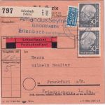 BRD - 50 Pfg. Heuss I senkr. Paar Schnellpaketkarte Ferlenbach - FFM 1954