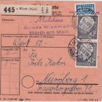 BRD - 50 Pfg. Heuss I senkr. Paar Paketkarte Wörth - Nürnberg 1954
