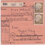 BRD - 70 Pfg. Heuss I sekr. Paar Paketkarte Erlenbach - Zittau 1954