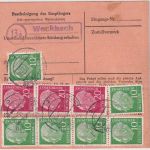 BRD - 5x20+6x10 Pfg. Heuss I Paketkarte Landpost-Ra2 Weckbach ü. Miltenberg 1954