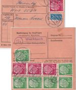 BRD - 5x20+6x10 Pfg. Heuss I Paketkarte Landpost-Ra2 Weckbach ü. Miltenberg 1954