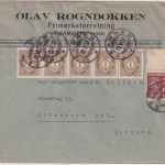 Norwegen - 1 Ö. Posthorn 5er-Streifen u.a. Firmenbrief n. DÄNEMARK Drammen 1937