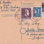SBZ/DDR - 12/12 Pfg. Engels Ganzsache + Zusatz n. BELGIEN Berlin - Brüssel 1950
