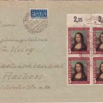 BRD - 5 Pfg. Mona Lisa 4er-Block/Bogenecke Brief Bardenberg ü. Herzogenrath 1952