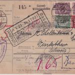 DR - 2x100+10+5 Pfg. Korbdeckel Paketkarte i.d. SCHWEIZ Cassel-Wilhelmshöhe 1924