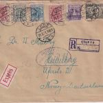 Polen - 5x3 M./40 F. u.a. Eil-Einschreibebrief Lodz Heidelberg 1921 Doppelzensur