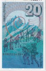 Schweiz - 20 Franken Banknote mit Briefmarke gestpl. Geneve Mont Blanc 8.8.86