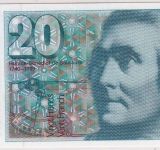 Schweiz - 20 Franken Banknote mit Briefmarke gestpl. Geneve Mont Blanc 8.8.86