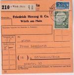 BRD - 90 Pfg. Heuss I + NO Paketkarte Wörth (Main) - Offenbach a/M. 1955