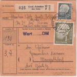 BRD - 1 DM + 30 Pfg. Heuss I/II Paketkarte i.d. DDR Groß Solchen ü. Peine 1962