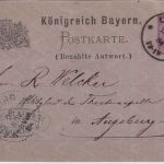 Bayern - 5 Pfg. Rauten Ganzsache/Antwortteil K1 Leipzig 22.11.84 n. Augsburg