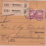 DR - 1 M. Reichspostamt Perfin ELW Paketkarte (2 Pakete) Wiesbaden 1916