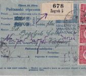 Kroatien - 4x5 D. König Peter u.a. Nachnahme-Wertpaketkarte Zagreb -Valjevo 1921