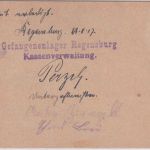 Bayern - Regensburg Kriegsgefangenenlager Kassenverwaltung portofr. Karte 1917