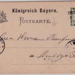 Bayern - Cham I 8. FEB Aushilfs-L2 5 Pfg. Ganzsache n. Stuttgart 1891