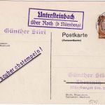 DR - Untersteinbach ü. Roth Landpost-Ra2 Drucksachenkarte n. Chemnitz 19.1.38
