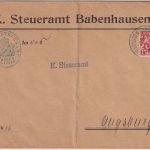 Bayern - 15 Pfg. Staatswappen c-Farbe ! Dienstbrief Babenhausen Augsburg 28.7.17