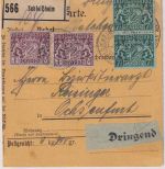 Bayern - 2x1 M.+2x7 1/2 Pfg. Staatswappen Dringend-Paketkarte Schleissheim 1919