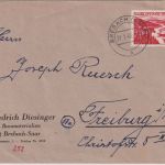 Saarland - 25 Fr. Saarluftpost Brief Brebach - Freiburg Br. 31.1.49