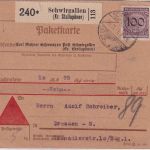 DR - 100 Pfg. Korbdeckel Nachnahme-Paketkarte Schwirgallen - Dresden 26.11.31