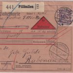 DR - 100 Pfg. Korbdeckel Nachnahme-Paketkarte Pillkallen - Rabenau 21.2.31
