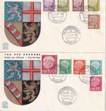 Saarland/OPD - Heuss 10 verausg. Werte (1.1.) 2 Schmuck-FDC EST Saarbrücken 1957