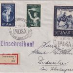 Saarland - 30 Fr. IMOSA/Tag d. Briefmarke u.a. R-Brief/FDC Saarbrücken 30.3.52