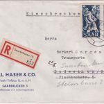 Saarland - 2x25 Fr. Freimarken (Schmelzer) Einschreibebrief Saarbrücken 19.3.54