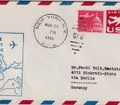 USA - PanAm Erstflug New York GPO Berlin 30.5.64 blauer Flugbestätigungsstempel