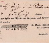 Württemberg - Calw 10. JUN 1845 L2 Fahrpost-Aufgabeschein
