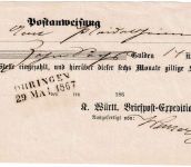 Württemberg - Öhringen 29. MAI 1867 L2 Aufgabeschein f. Postanweisung