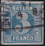 Bayern - 3 Kr. Quadrat blau Platte II Halbkreisstempel Nürnberg 4/8