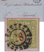 Bayern/Schweiz - 9 Kr Quadrat grün/Plattenfehler Brief oMR 28 OPA Augsburg 1860