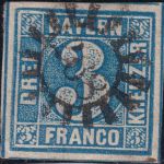 Bayern - 3 Kr Quadrat blau breit- bis überrandig (3 SL) gMR 268 Landsberg