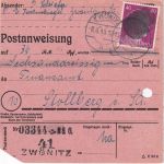 SBZ/RPD Chemnitz - 40 Pfg AH (geschwärzt) Postanweisung Zwönitz Stollberg 8.6.45