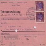 SBZ/RPD Chemnitz - 2x15 Pfg AH (geschwärzt) Postanweisung Aue 27.7.45
