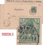 DR - 5 Pfg. Germania/Reichspost Perfin "R&C" Firmenkarte Bremen - Herrstein 1900